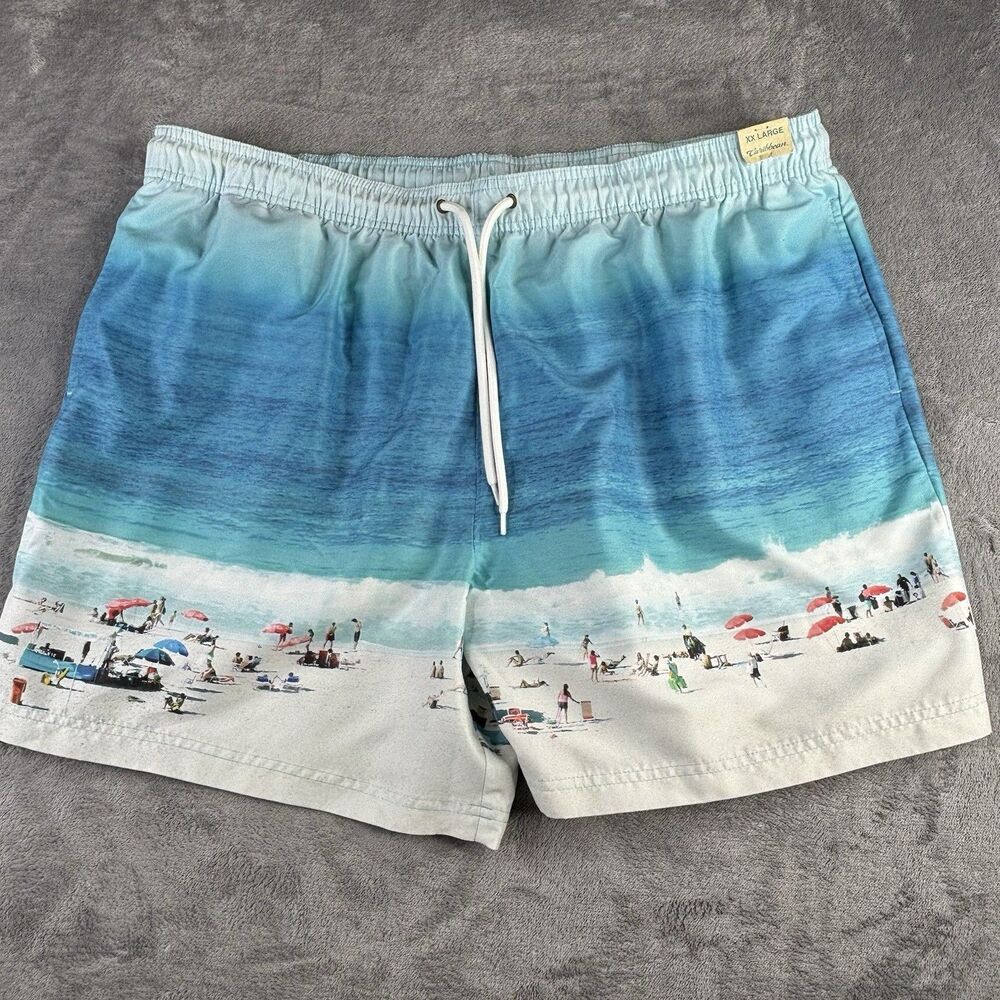 Caribbean Swim Shorts Trunks Mens XXL Blue Lined Zip Pocket 42x6 Beach Scene New